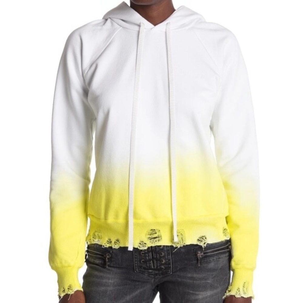 Unravel Project White Lime Dip Dye Distressed Pullover Hoodie, Size S, NWOT